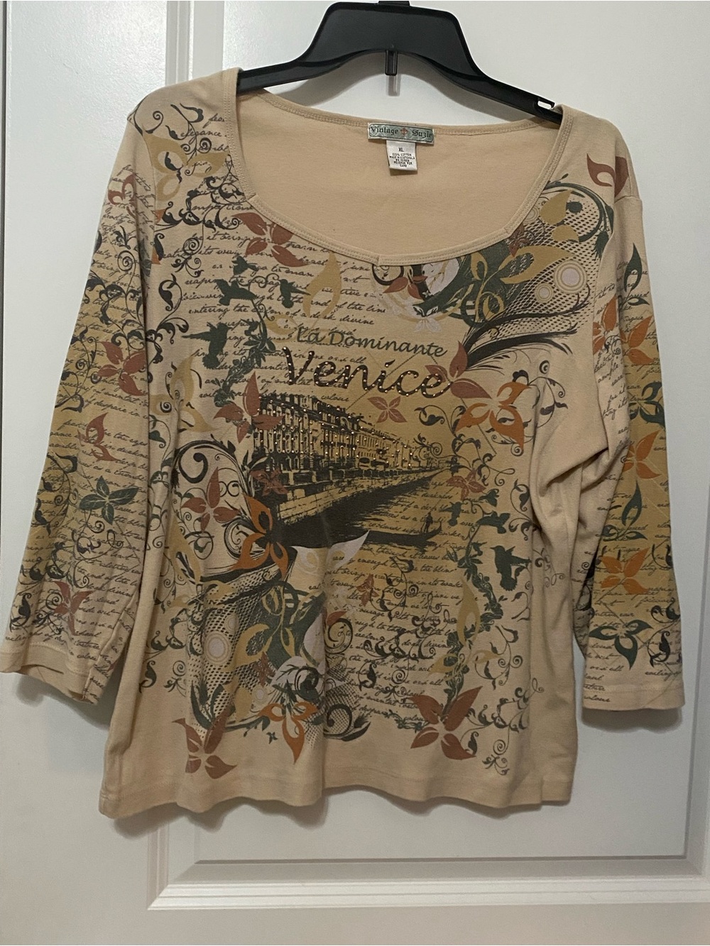 Vintage Suzie Beige Venice Graphic Long Sleeve Scoop Neck Top